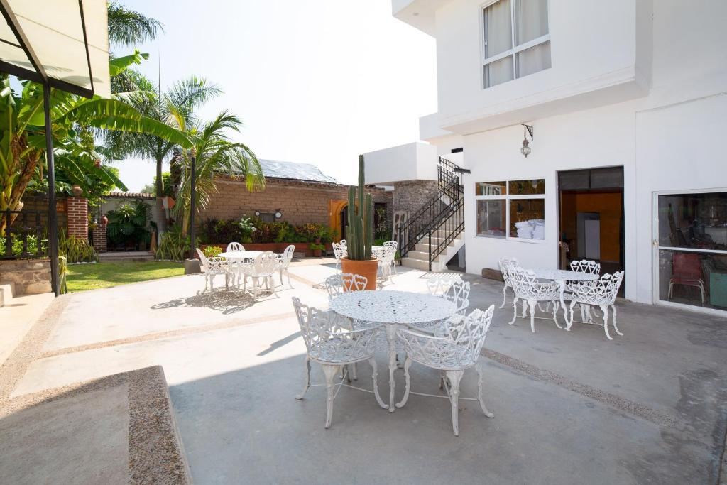 Sunlit hotel courtyard and garden